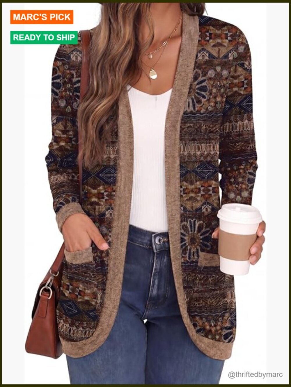 Long Sleeve Open Front Cardigan Ribbed Knit Curved Hem with Pockets
